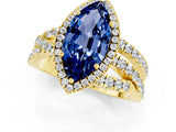 Yellow gold Marquise Cut Blue Sapphire Halo Ring with Round Split Shank and Prong Setting_62