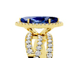 Yellow gold Marquise Cut Blue Sapphire Halo Ring with Round Split Shank and Prong Setting_66