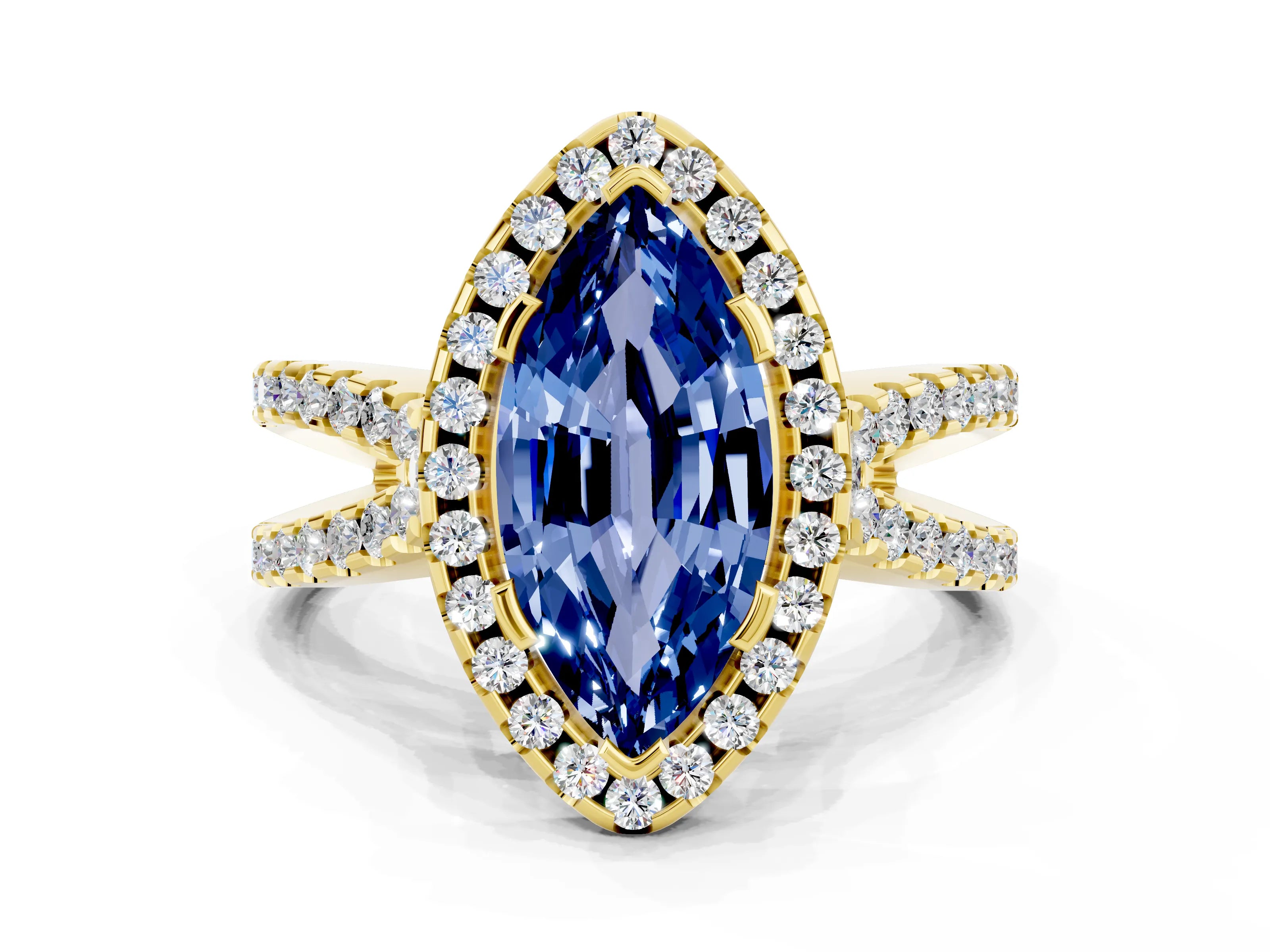 Yellow gold Marquise Cut Blue Sapphire Halo Ring with Split Shank Pavé Band and Prong Setting