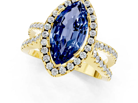 Yellow gold Marquise Cut Blue Sapphire Halo Ring with Split Shank Pavé Band and Prong Setting_1