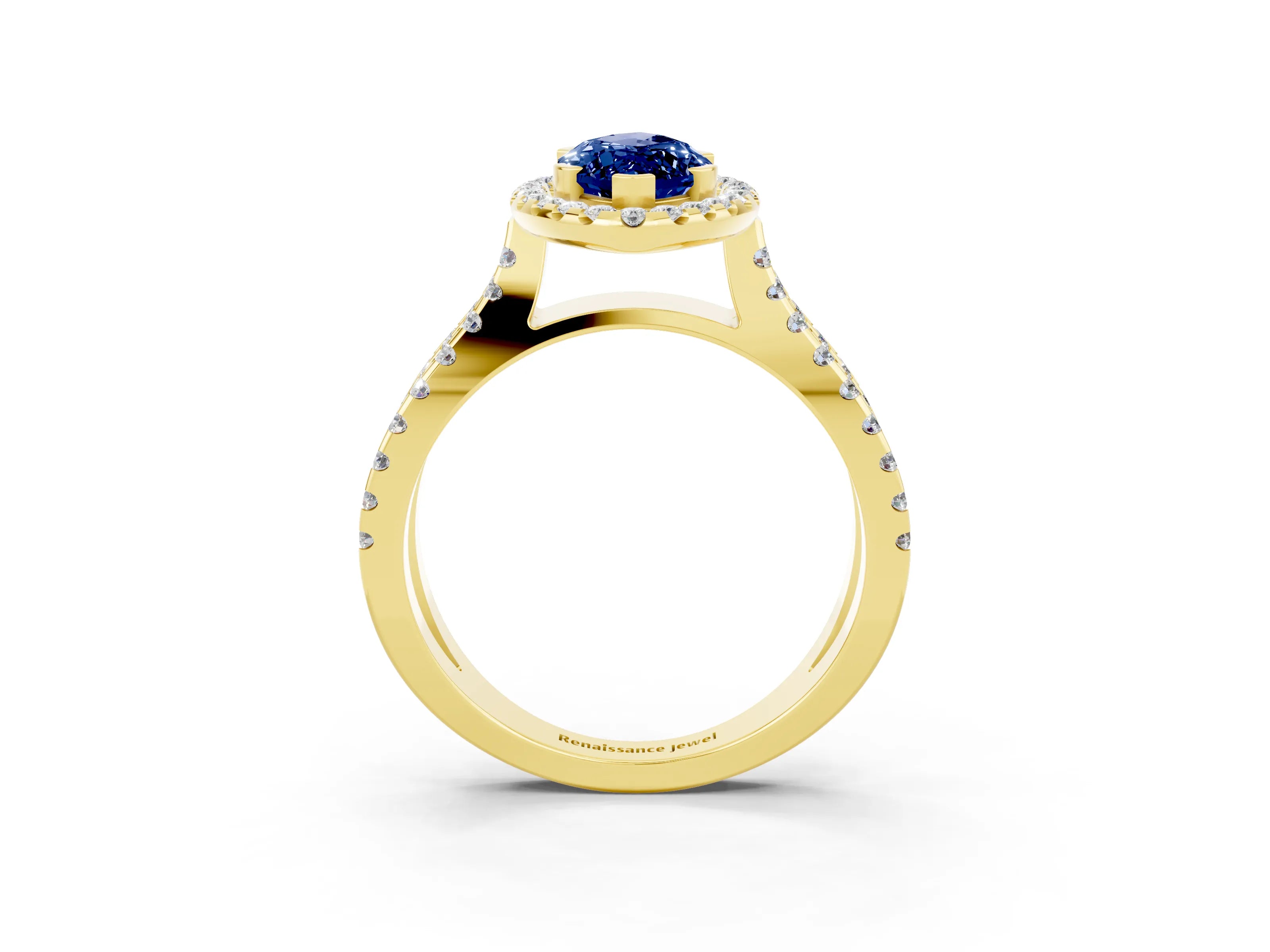 Yellow gold Marquise Cut Blue Sapphire Halo Ring with Split Shank Pavé Band and Prong Setting_3