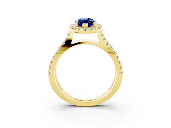 Yellow gold Marquise Cut Blue Sapphire Halo Ring with Split Shank Pavé Band and Prong Setting