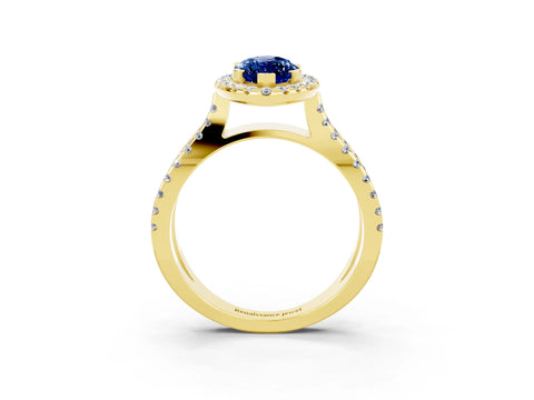 Yellow gold Marquise Cut Blue Sapphire Halo Ring with Split Shank Pavé Band and Prong Setting_3