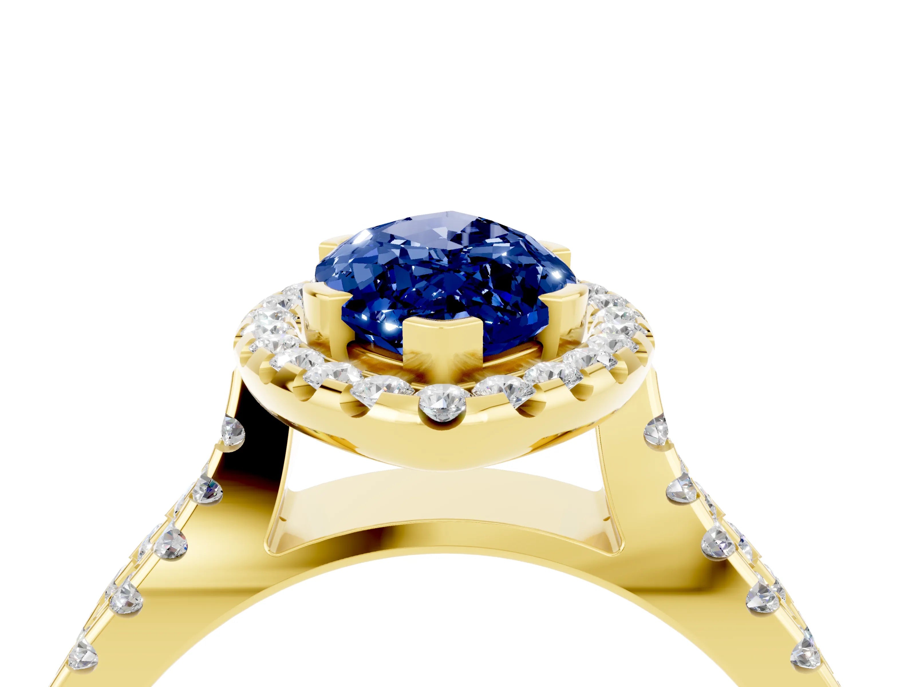 Yellow gold Marquise Cut Blue Sapphire Halo Ring with Split Shank Pavé Band and Prong Setting_4