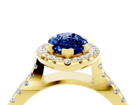 Yellow gold Marquise Cut Blue Sapphire Halo Ring with Split Shank Pavé Band and Prong Setting_4