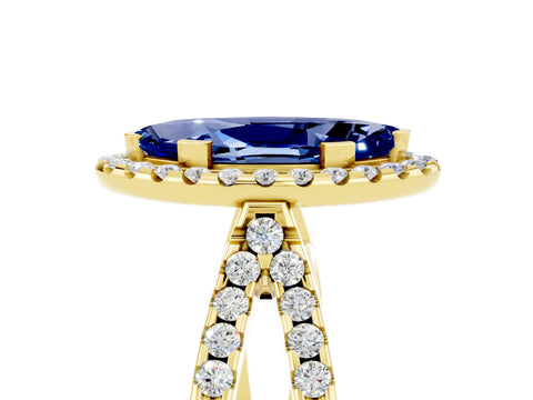 Yellow gold Marquise Cut Blue Sapphire Halo Ring with Split Shank Pavé Band and Prong Setting_5