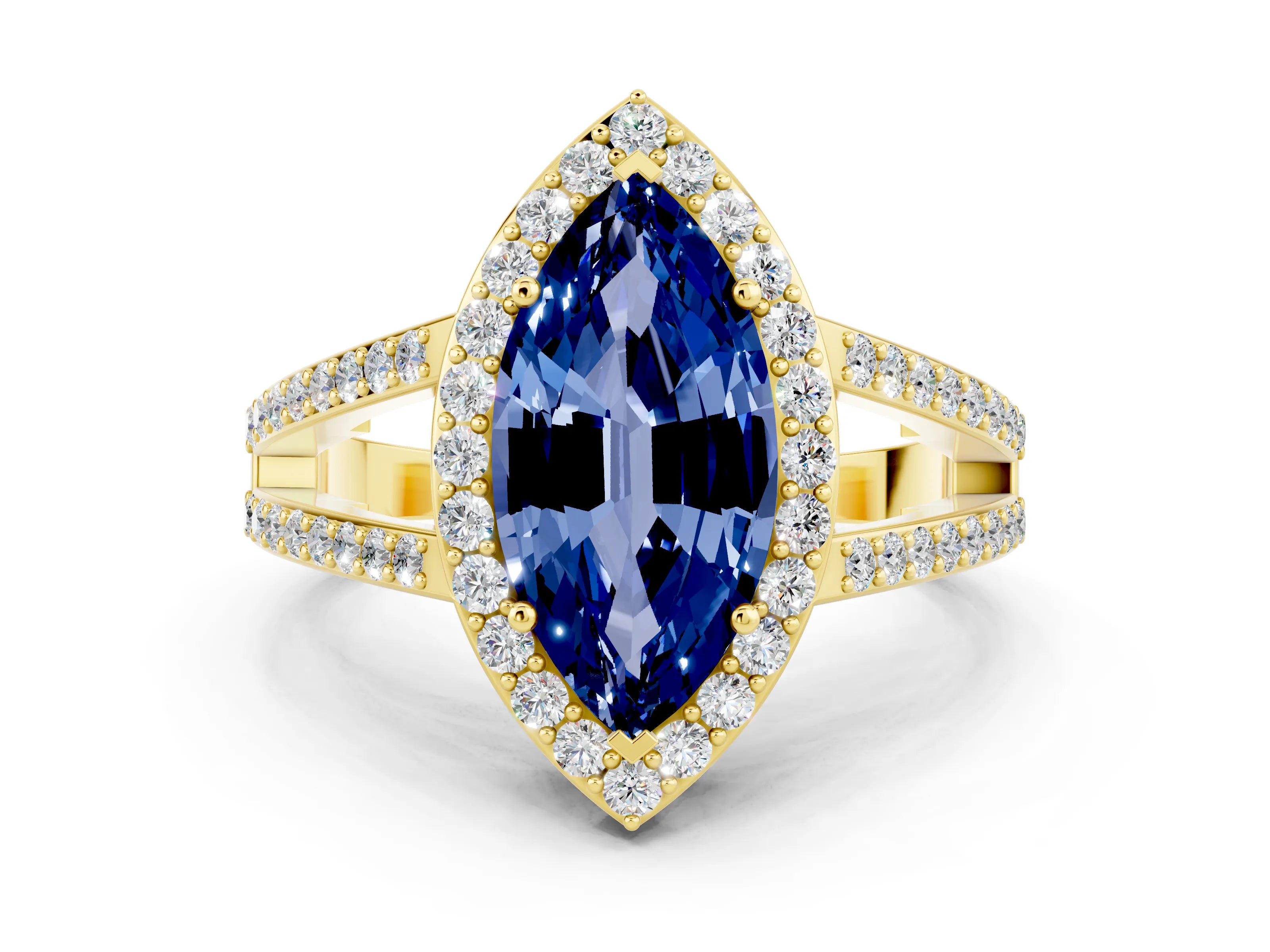 Yellow gold Marquise Cut Blue Sapphire Halo Ring with Split Shank U-Prong Band and Four-Prong Setting