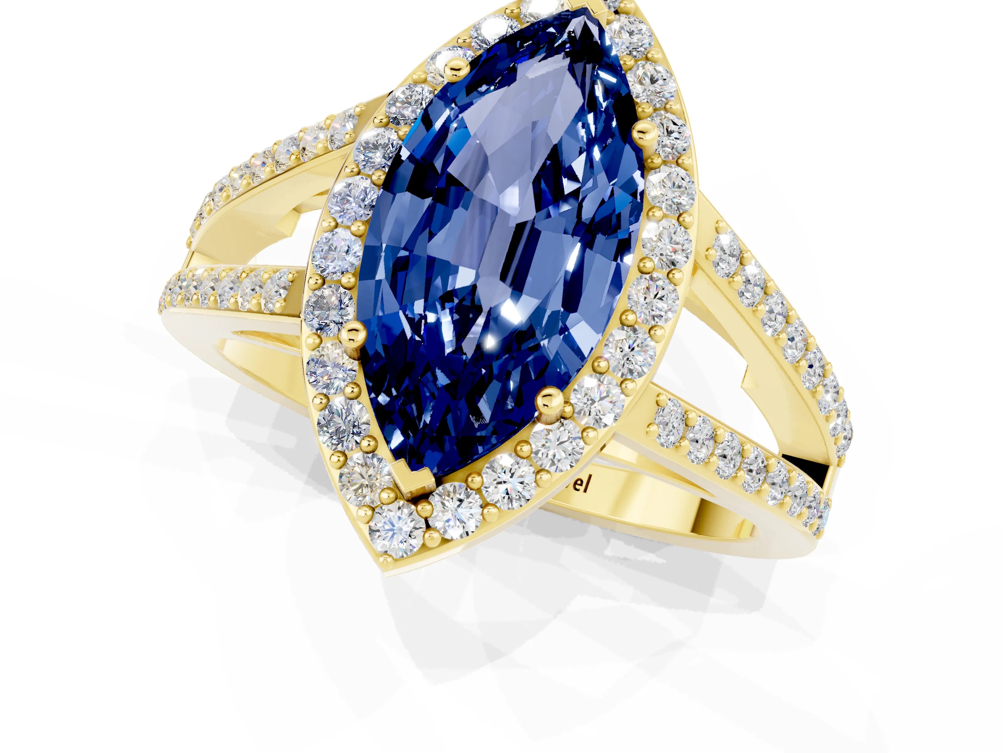 Yellow gold Marquise Cut Blue Sapphire Halo Ring with Split Shank U-Prong Band and Four-Prong Setting_1