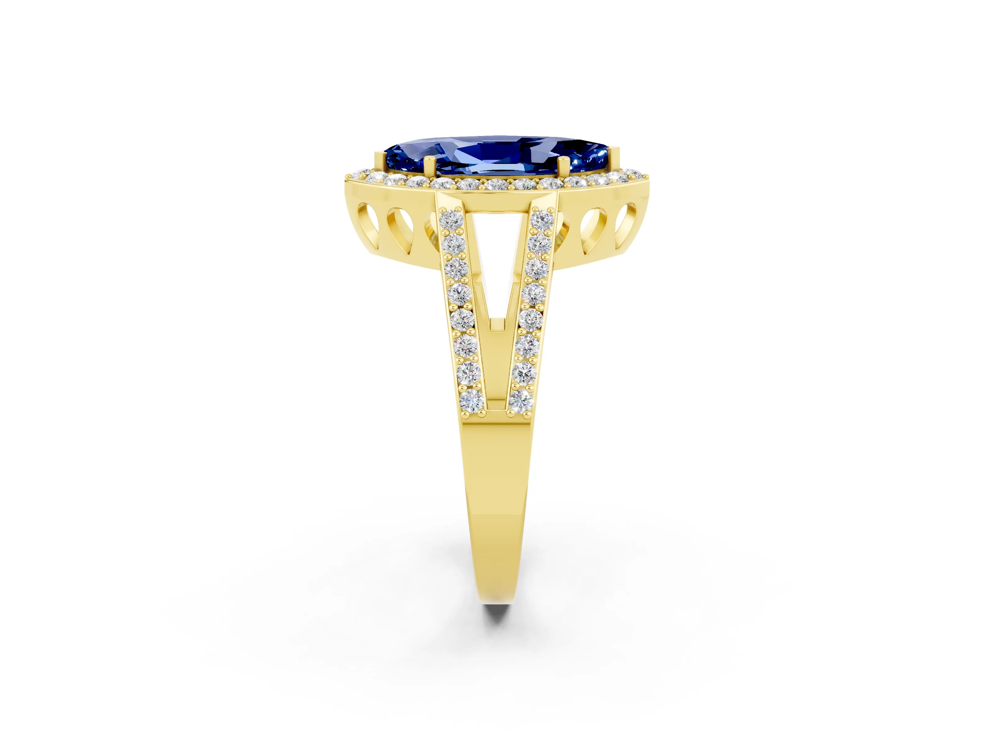 Yellow gold Marquise Cut Blue Sapphire Halo Ring with Split Shank U-Prong Band and Four-Prong Setting_2