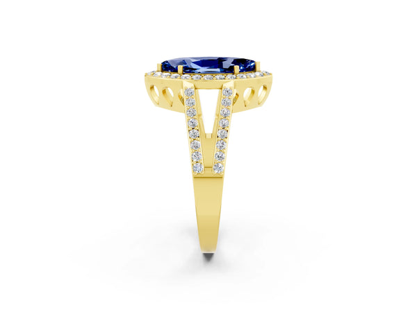 Yellow gold Marquise Cut Blue Sapphire Halo Ring with Split Shank U-Prong Band and Four-Prong Setting