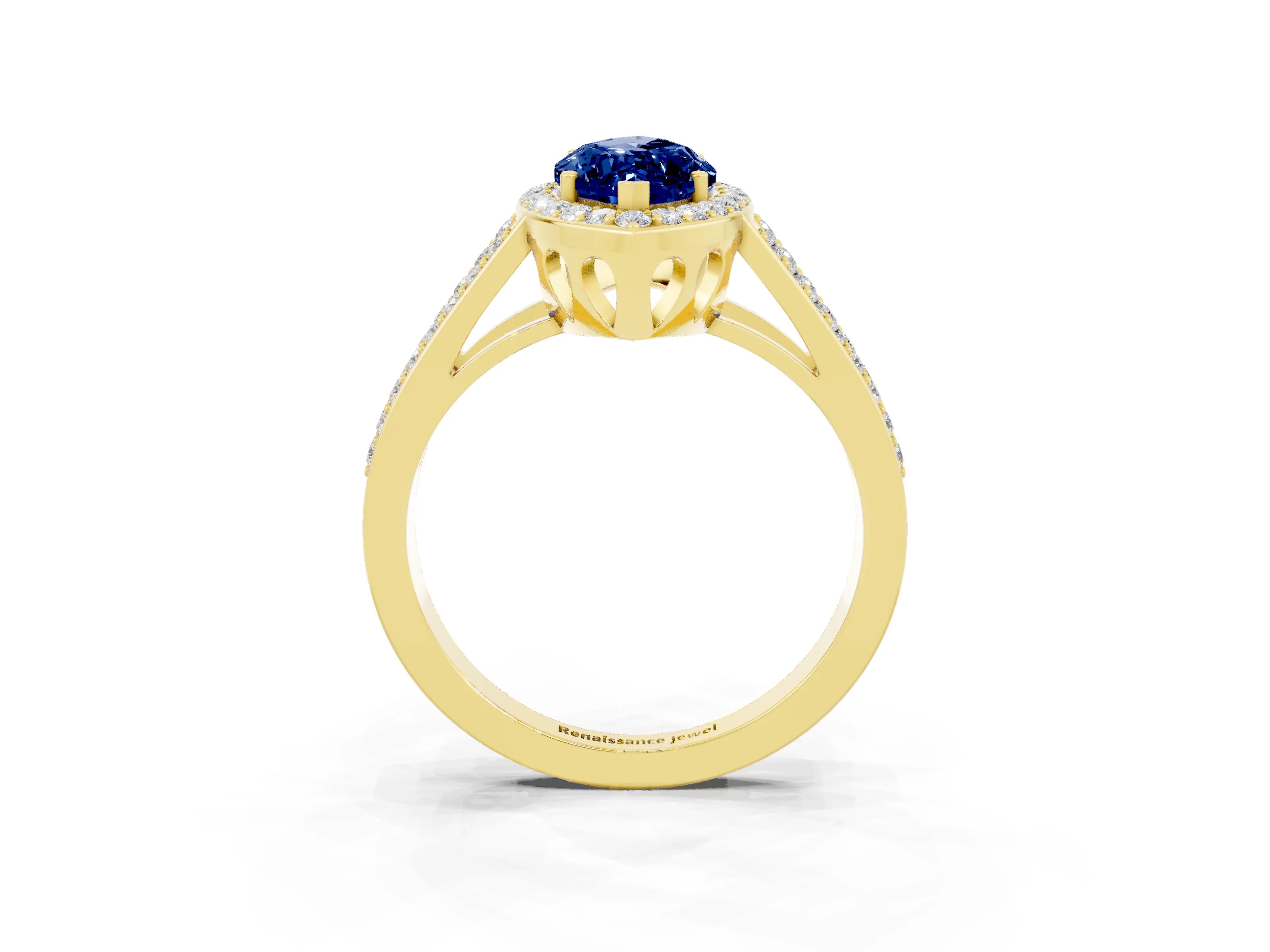 Yellow gold Marquise Cut Blue Sapphire Halo Ring with Split Shank U-Prong Band and Four-Prong Setting_3