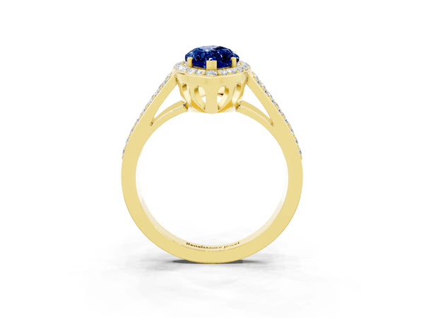 Yellow gold Marquise Cut Blue Sapphire Halo Ring with Split Shank U-Prong Band and Four-Prong Setting