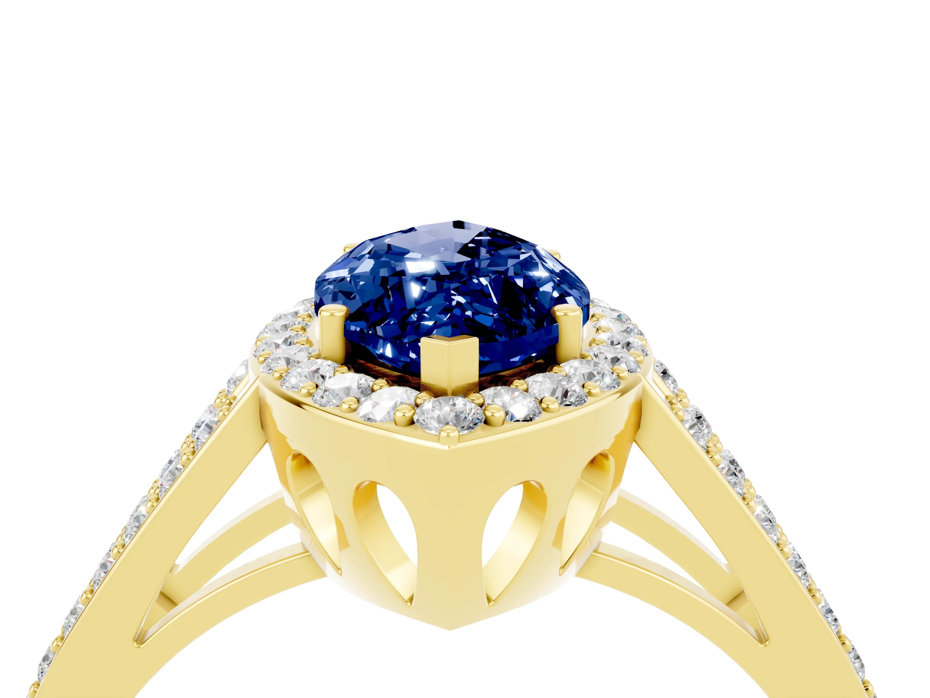 Yellow gold Marquise Cut Blue Sapphire Halo Ring with Split Shank U-Prong Band and Four-Prong Setting_4