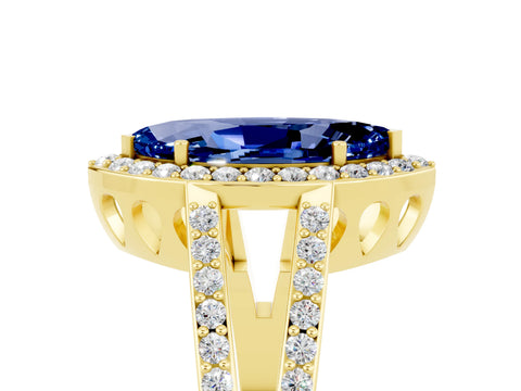 Yellow gold Marquise Cut Blue Sapphire Halo Ring with Split Shank U-Prong Band and Four-Prong Setting_5