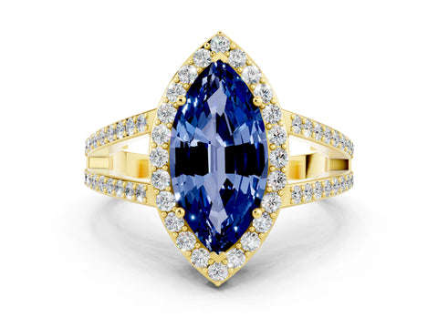 Yellow gold Marquise Cut Blue Sapphire Halo Ring with Split Shank U-Prong Band and Four-Prong Setting