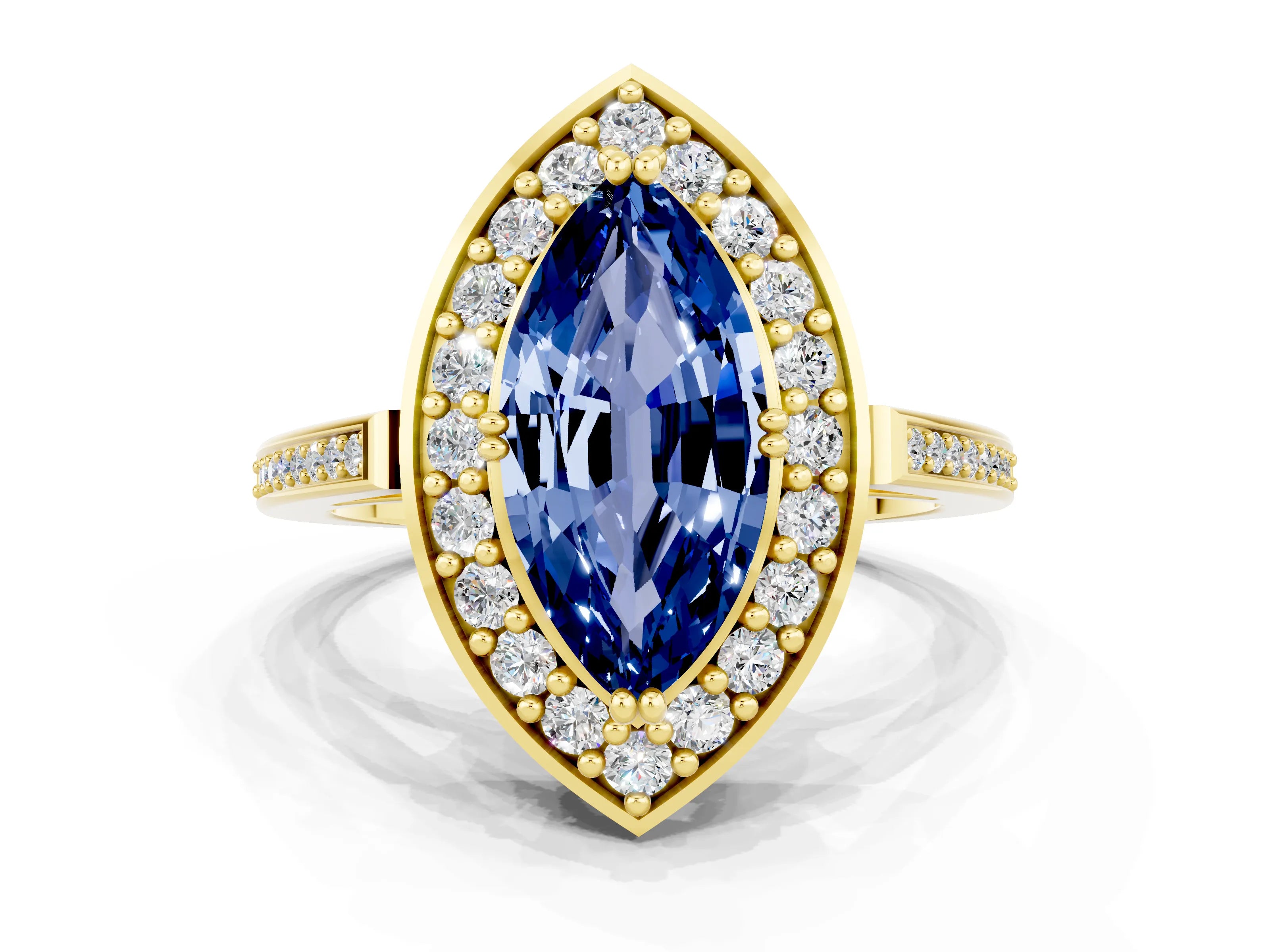 Yellow gold Marquise Cut Blue Sapphire Halo Ring with Split Shank and Four-Prong Setting