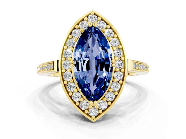 Yellow gold Marquise Cut Blue Sapphire Halo Ring with Split Shank and Four-Prong Setting