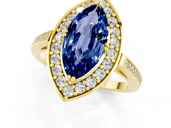 Yellow gold Marquise Cut Blue Sapphire Halo Ring with Split Shank and Four-Prong Setting