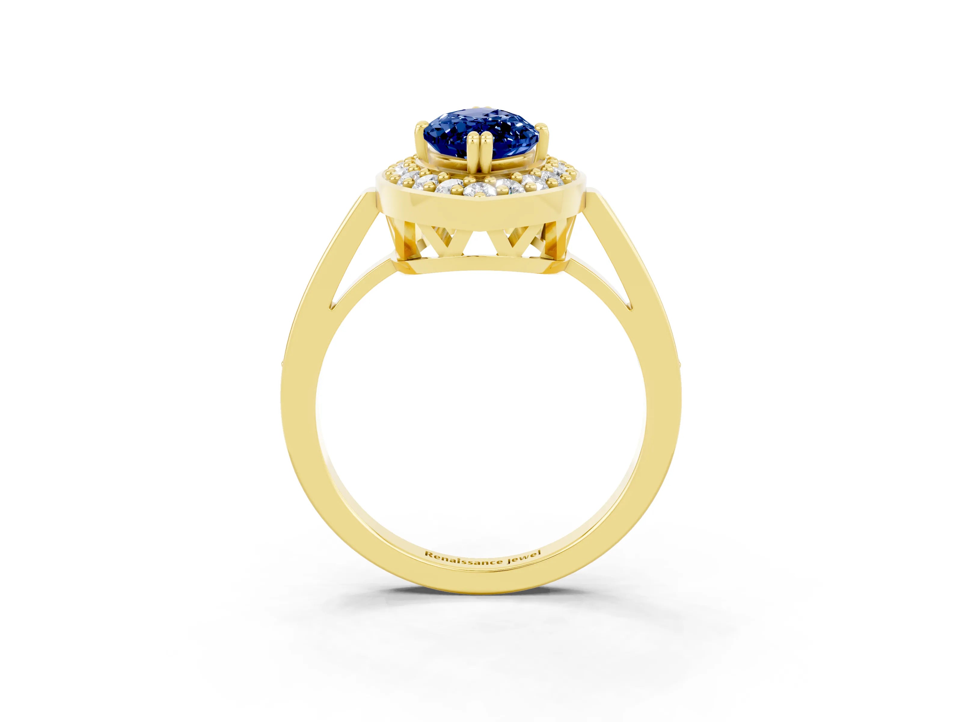 Yellow gold Marquise Cut Blue Sapphire Halo Ring with Split Shank and Four-Prong Setting_3
