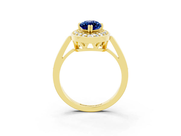 Yellow gold Marquise Cut Blue Sapphire Halo Ring with Split Shank and Four-Prong Setting