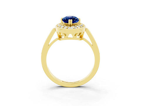Yellow gold Marquise Cut Blue Sapphire Halo Ring with Split Shank and Four-Prong Setting_3