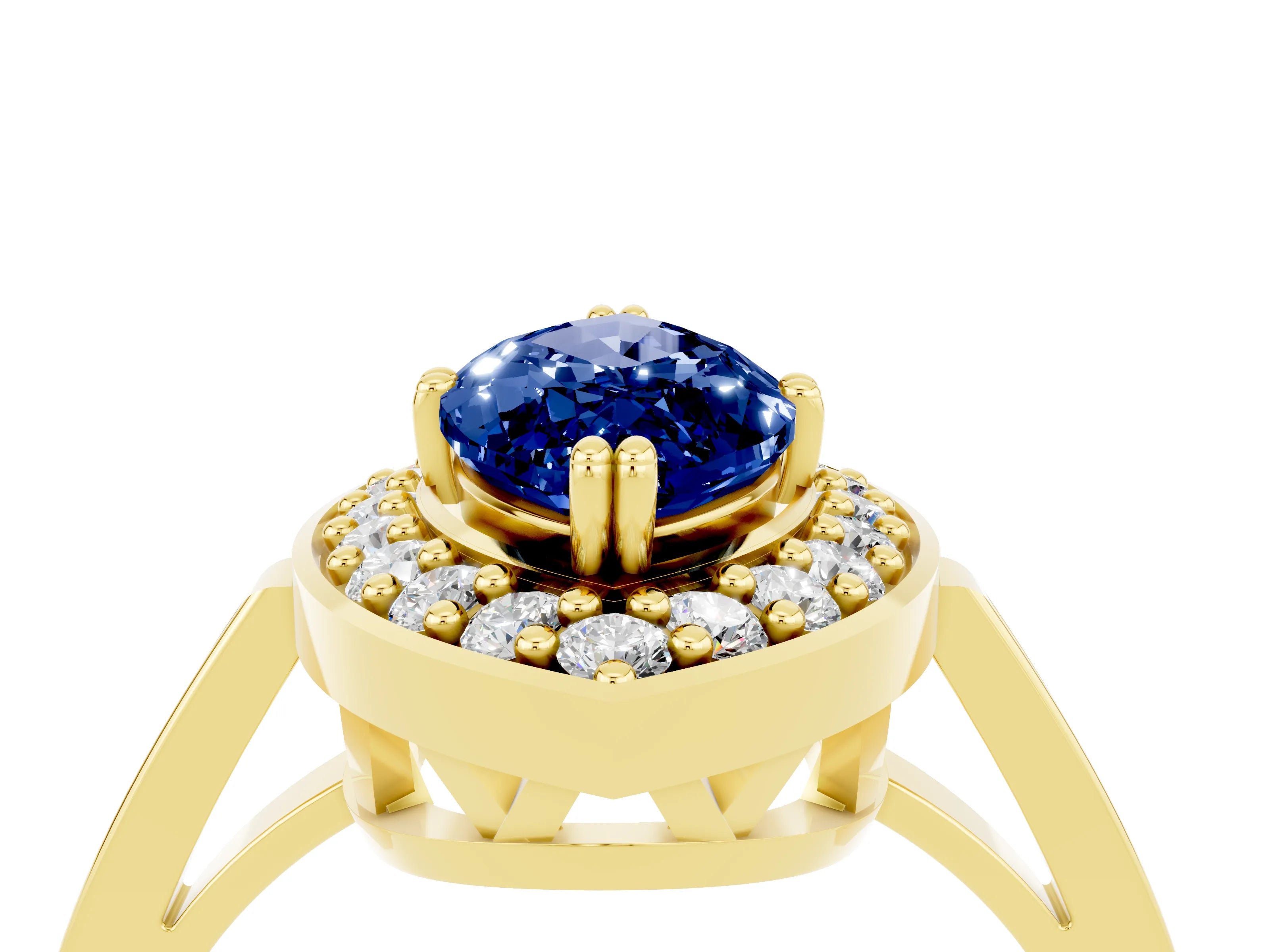 Yellow gold Marquise Cut Blue Sapphire Halo Ring with Split Shank and Four-Prong Setting_4