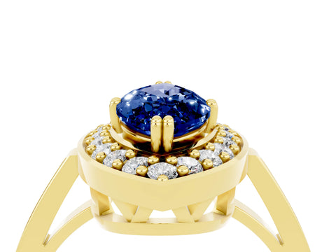 Yellow gold Marquise Cut Blue Sapphire Halo Ring with Split Shank and Four-Prong Setting_4