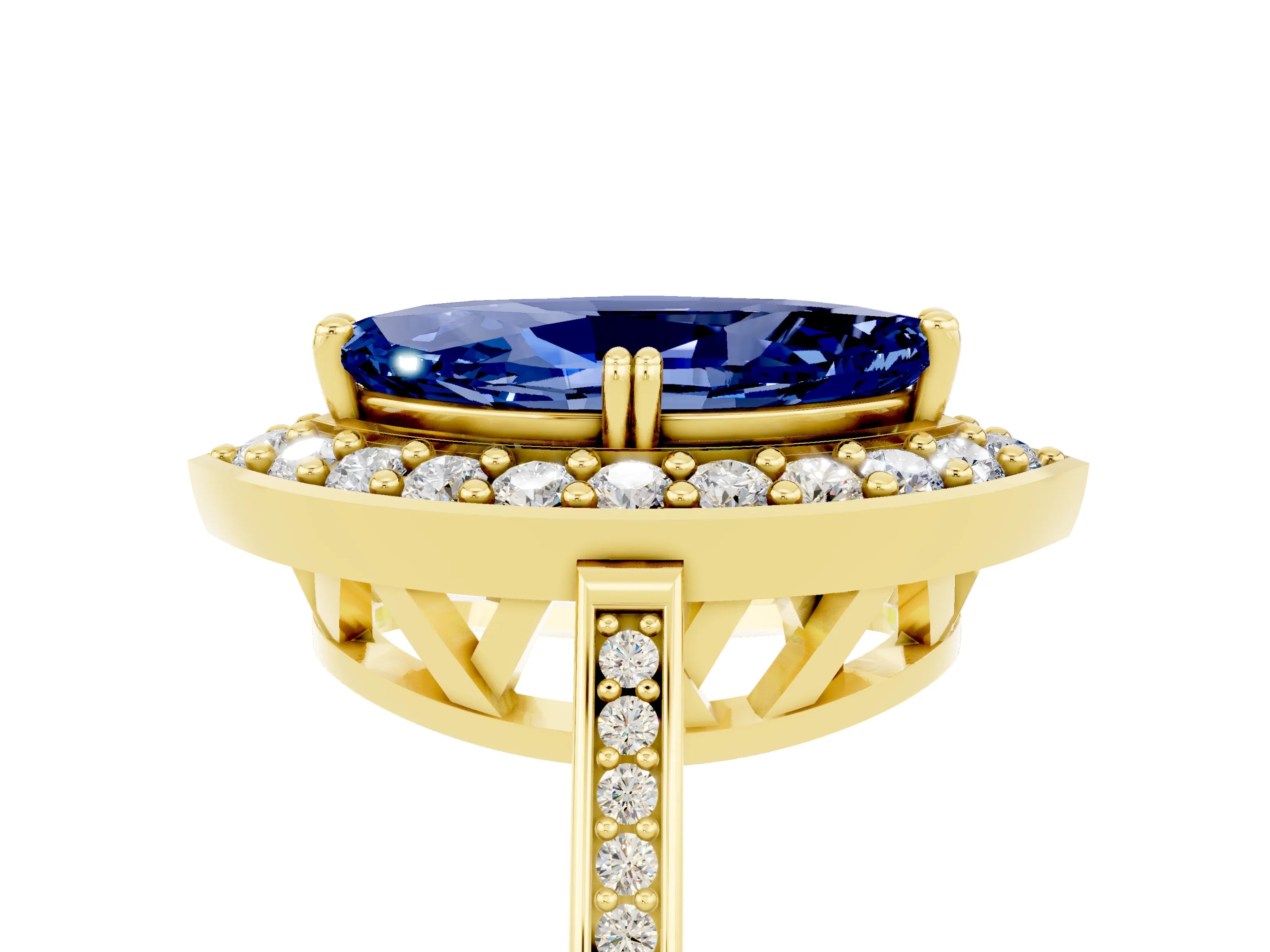 Yellow gold Marquise Cut Blue Sapphire Halo Ring with Split Shank and Four-Prong Setting_5