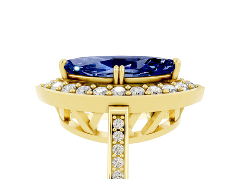 Yellow gold Marquise Cut Blue Sapphire Halo Ring with Split Shank and Four-Prong Setting_5