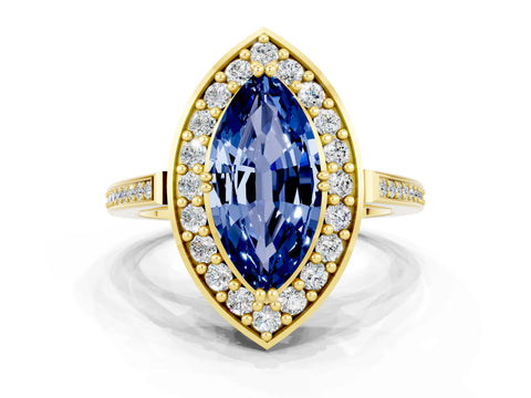 Yellow gold Marquise Cut Blue Sapphire Halo Ring with Split Shank and Four-Prong Setting