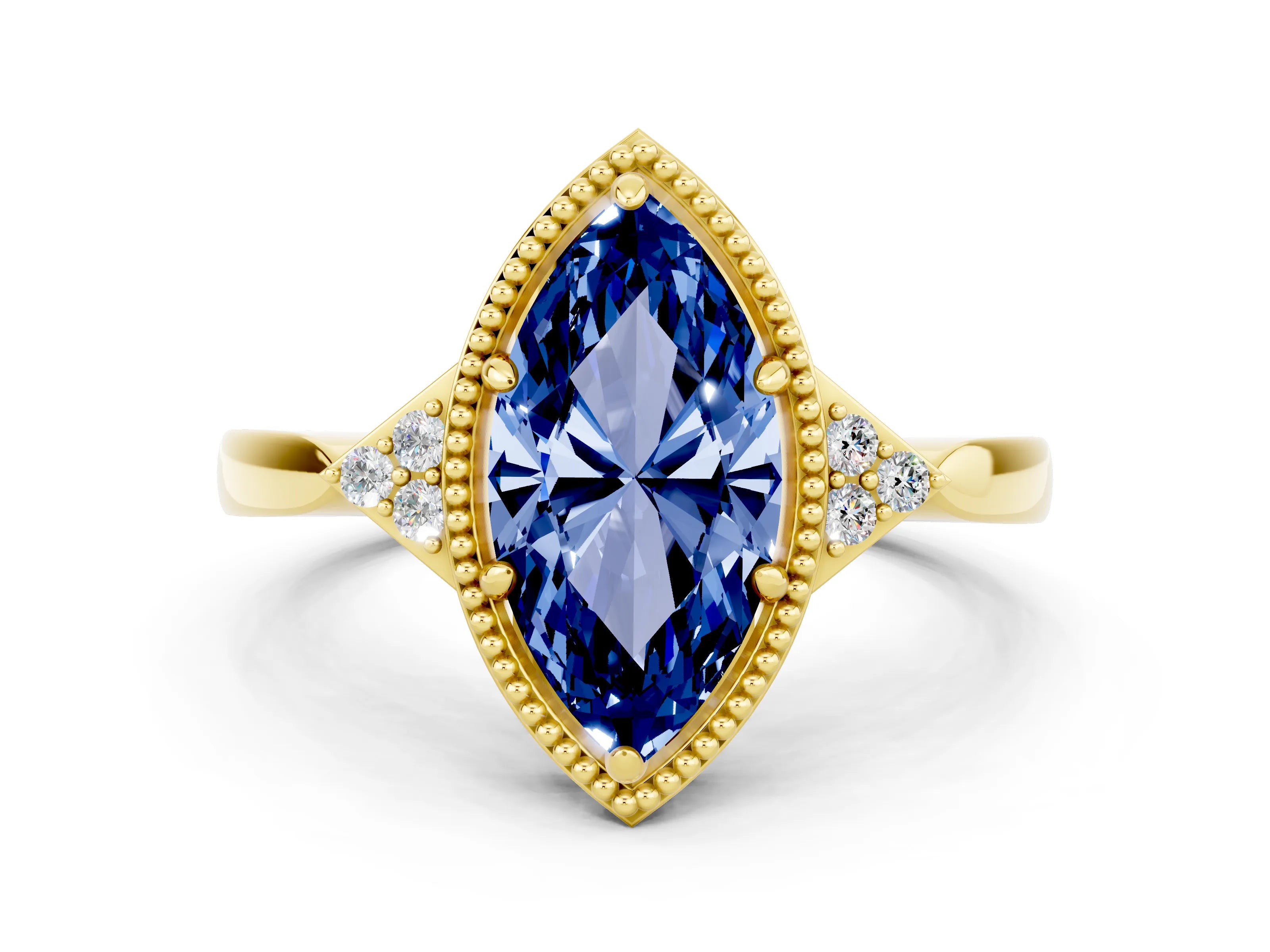 Yellow gold Marquise Cut Blue Sapphire Halo Ring with Tapered Band and Four-Prong Setting