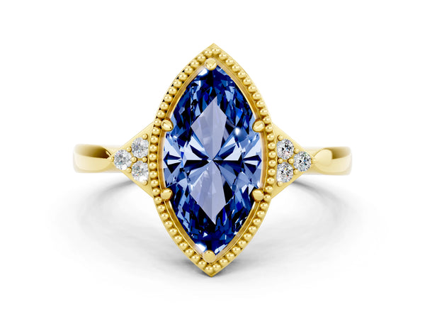 Yellow gold Marquise Cut Blue Sapphire Halo Ring with Tapered Band and Four-Prong Setting