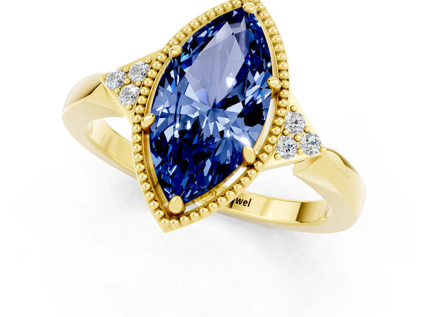 Yellow gold Marquise Cut Blue Sapphire Halo Ring with Tapered Band and Four-Prong Setting