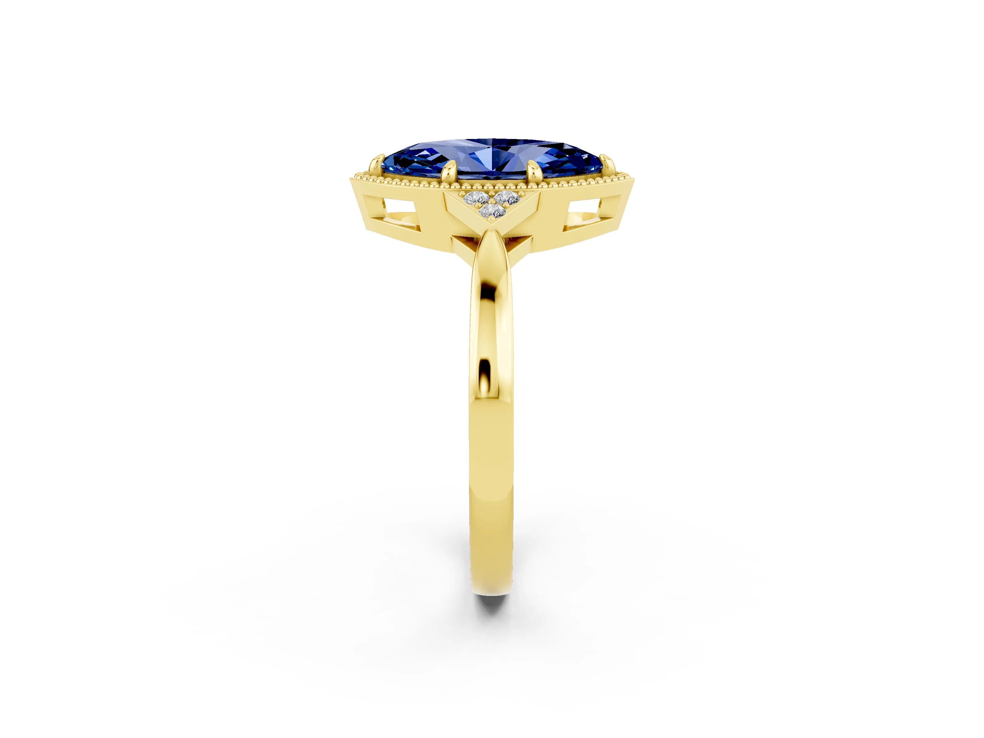 Yellow gold Marquise Cut Blue Sapphire Halo Ring with Tapered Band and Four-Prong Setting_2