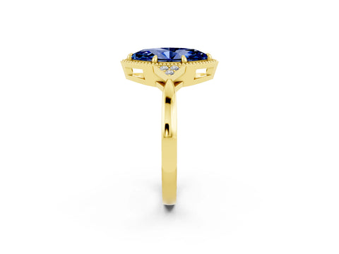 Yellow gold Marquise Cut Blue Sapphire Halo Ring with Tapered Band and Four-Prong Setting_2
