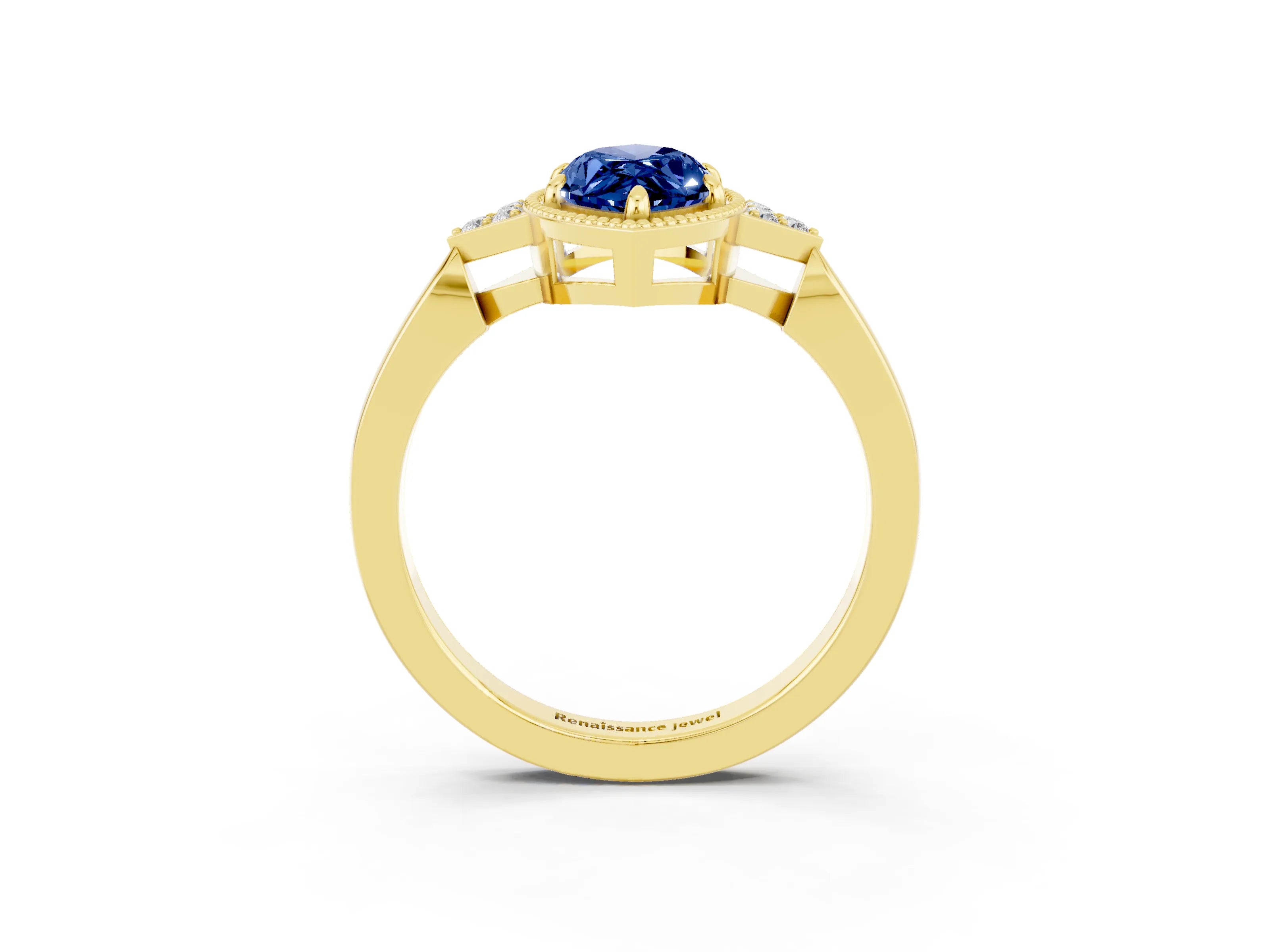 Yellow gold Marquise Cut Blue Sapphire Halo Ring with Tapered Band and Four-Prong Setting_3