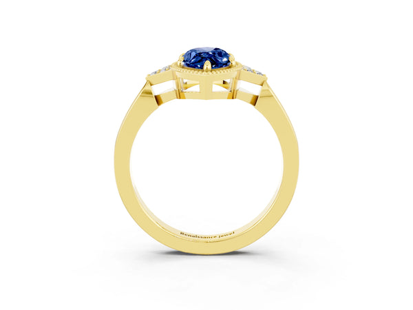 Yellow gold Marquise Cut Blue Sapphire Halo Ring with Tapered Band and Four-Prong Setting