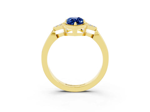 Yellow gold Marquise Cut Blue Sapphire Halo Ring with Tapered Band and Four-Prong Setting_3