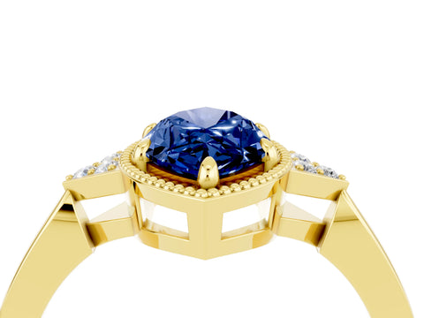 Yellow gold Marquise Cut Blue Sapphire Halo Ring with Tapered Band and Four-Prong Setting_4
