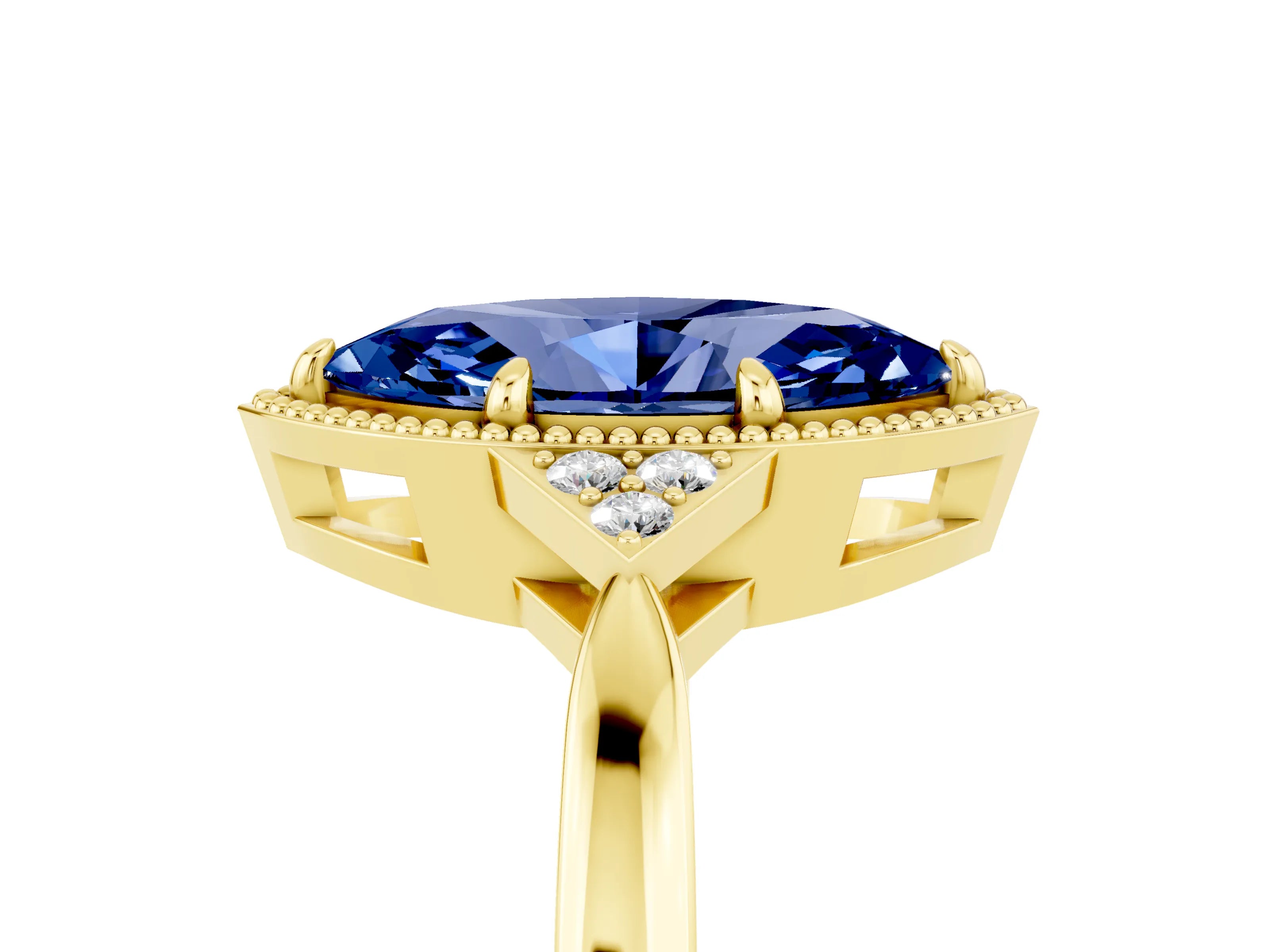 Yellow gold Marquise Cut Blue Sapphire Halo Ring with Tapered Band and Four-Prong Setting_5
