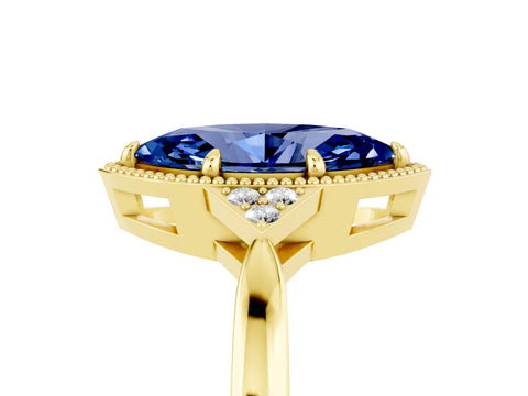 Yellow gold Marquise Cut Blue Sapphire Halo Ring with Tapered Band and Four-Prong Setting_5