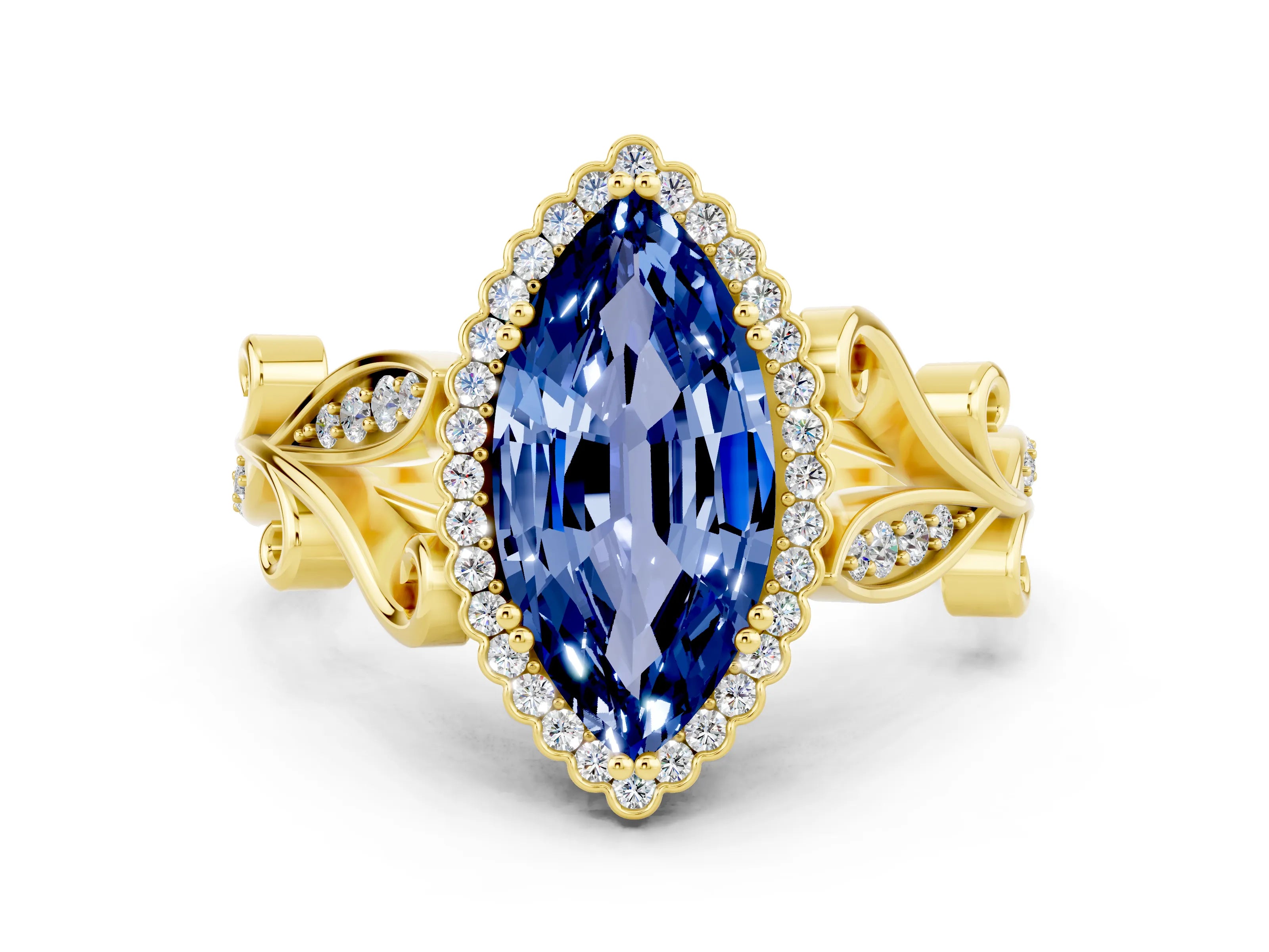 Yellow gold Marquise Cut Blue Sapphire Halo Ring with Vintage Split Shank and Four-Prong Setting