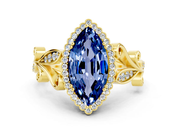 Yellow gold Marquise Cut Blue Sapphire Halo Ring with Vintage Split Shank and Four-Prong Setting