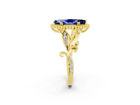 Yellow gold Marquise Cut Blue Sapphire Halo Ring with Vintage Split Shank and Four-Prong Setting_2