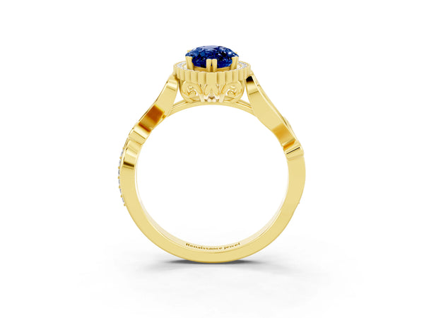 Yellow gold Marquise Cut Blue Sapphire Halo Ring with Vintage Split Shank and Four-Prong Setting