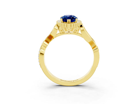 Yellow gold Marquise Cut Blue Sapphire Halo Ring with Vintage Split Shank and Four-Prong Setting_3