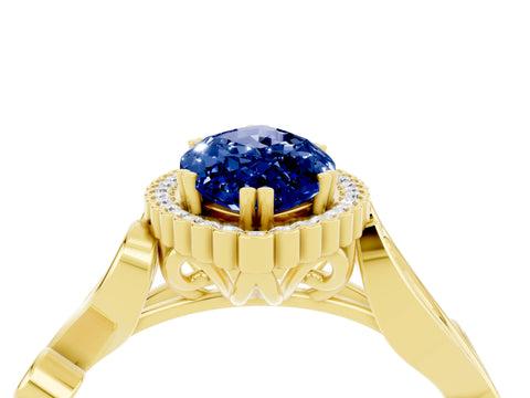 Yellow gold Marquise Cut Blue Sapphire Halo Ring with Vintage Split Shank and Four-Prong Setting_4