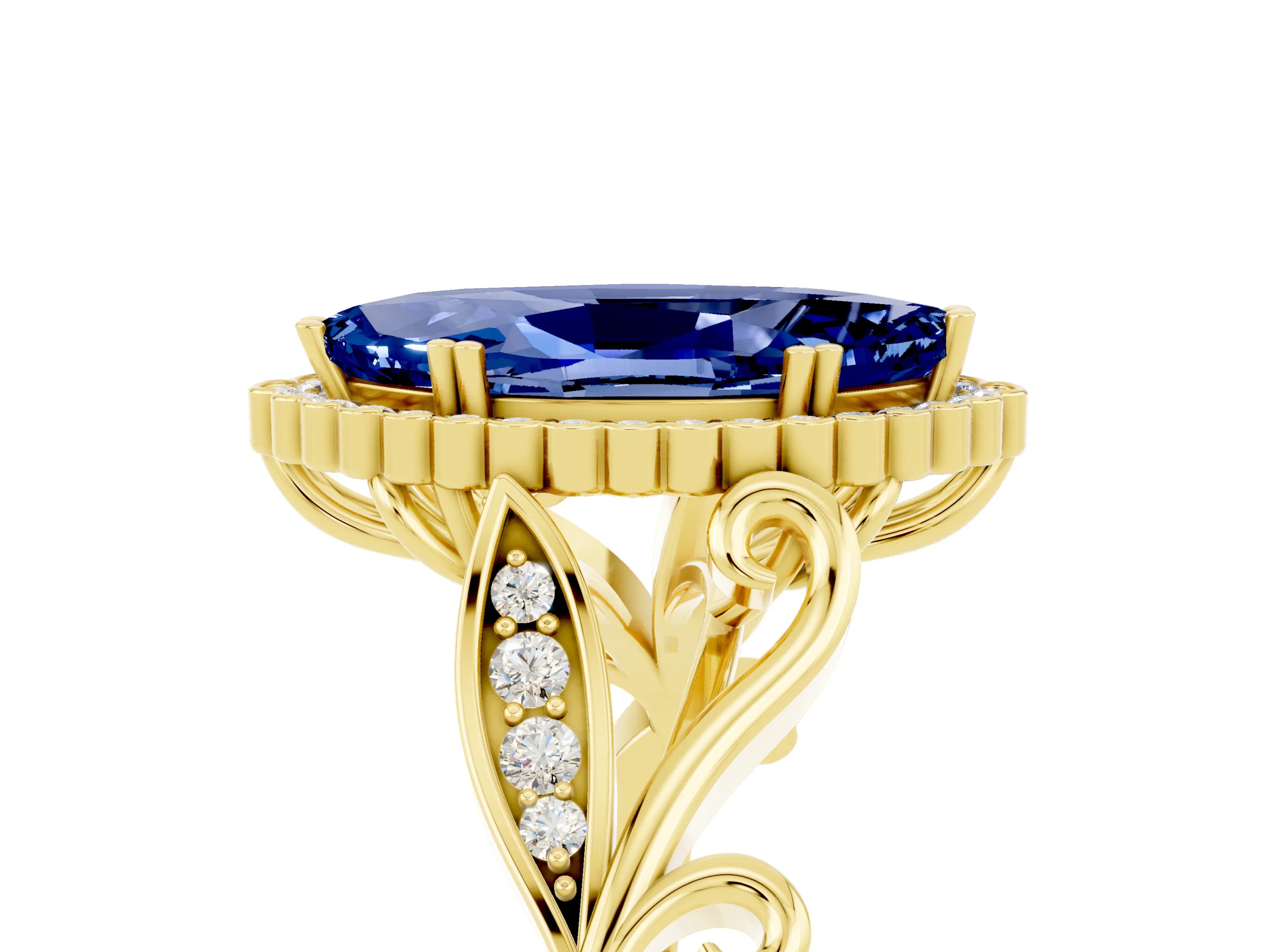 Yellow gold Marquise Cut Blue Sapphire Halo Ring with Vintage Split Shank and Four-Prong Setting_5