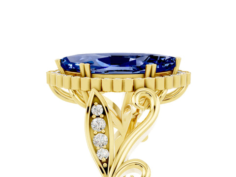 Yellow gold Marquise Cut Blue Sapphire Halo Ring with Vintage Split Shank and Four-Prong Setting_5