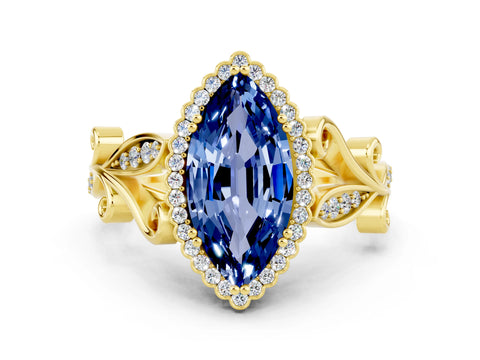 Yellow gold Marquise Cut Blue Sapphire Halo Ring with Vintage Split Shank and Four-Prong Setting